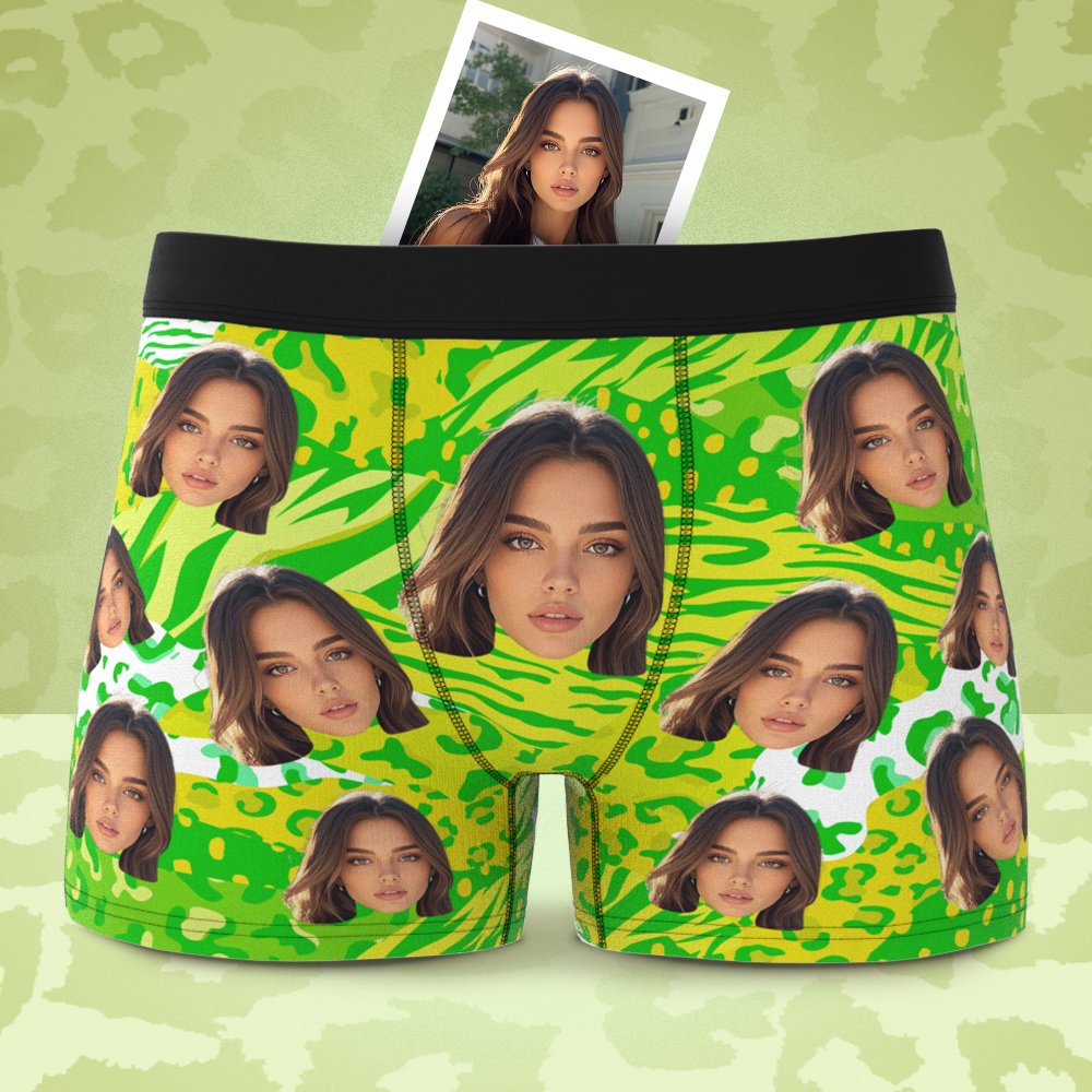 Boxer Visage Personnalisé Pour Hommes, Sous-vêtements À Motifs Mixtes, Cadeaux De Saint Valentin, Vert - MyFaceSocksFR