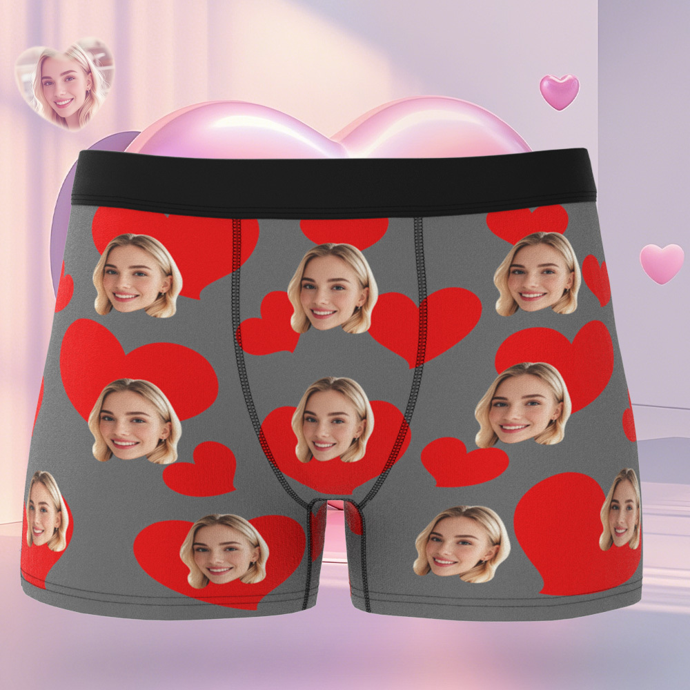 Boxer Photo Personnalisé, Sous-vêtement Personnalisé Avec Visage De Petite Amie Et Cœur, Cadeau Unique Pour Lui - MyFaceSocksFR