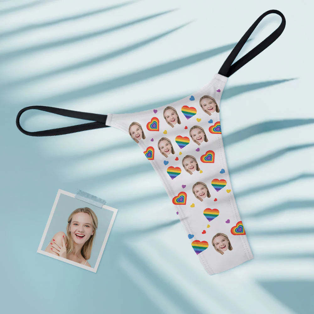 String Tanga Femme Sexy Face Personnalisé Coeurs Arc-en-ciel - VisageChaussettes