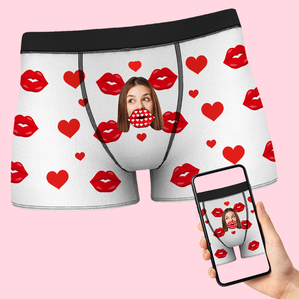 Boxer Coeur Visage Personnalisé Vue Ar Caleçon Lèvres Drôle Personnalisé Cadeau Saint Valentin - VisageChaussettes