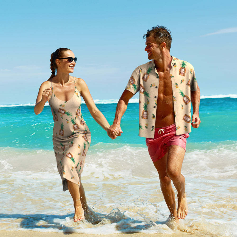 Visage Personnalisé Style Hawaïen Ananas Motif Tropical Floral Longue Robe Et Chemise Couple Tenue - VisageChaussettes