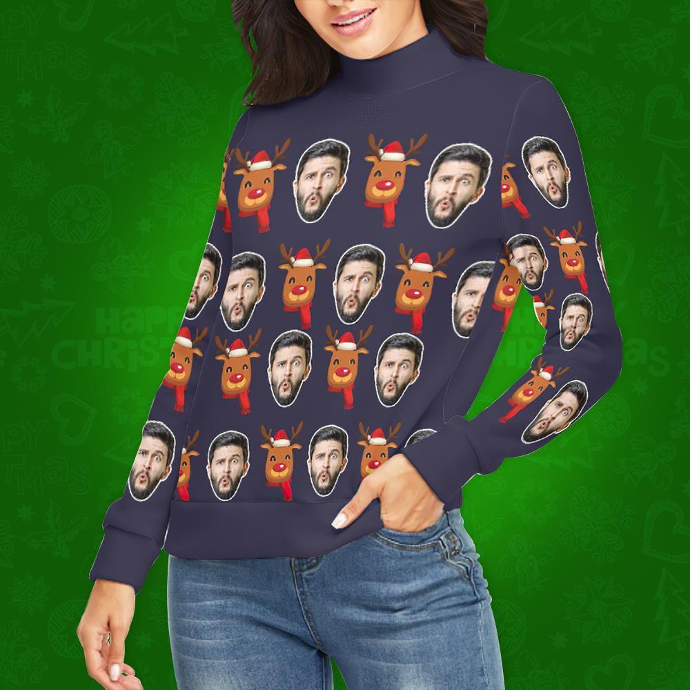 Col Roulé Visage Personnalisé Pour Femmes Chandail De Noël Moche Tricoté Pulls Lâches - Rudolph De Noël - VisageChaussettes