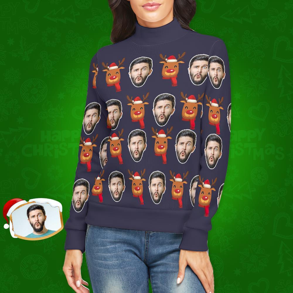 Col Roulé Visage Personnalisé Pour Femmes Chandail De Noël Moche Tricoté Pulls Lâches - Rudolph De Noël - VisageChaussettes