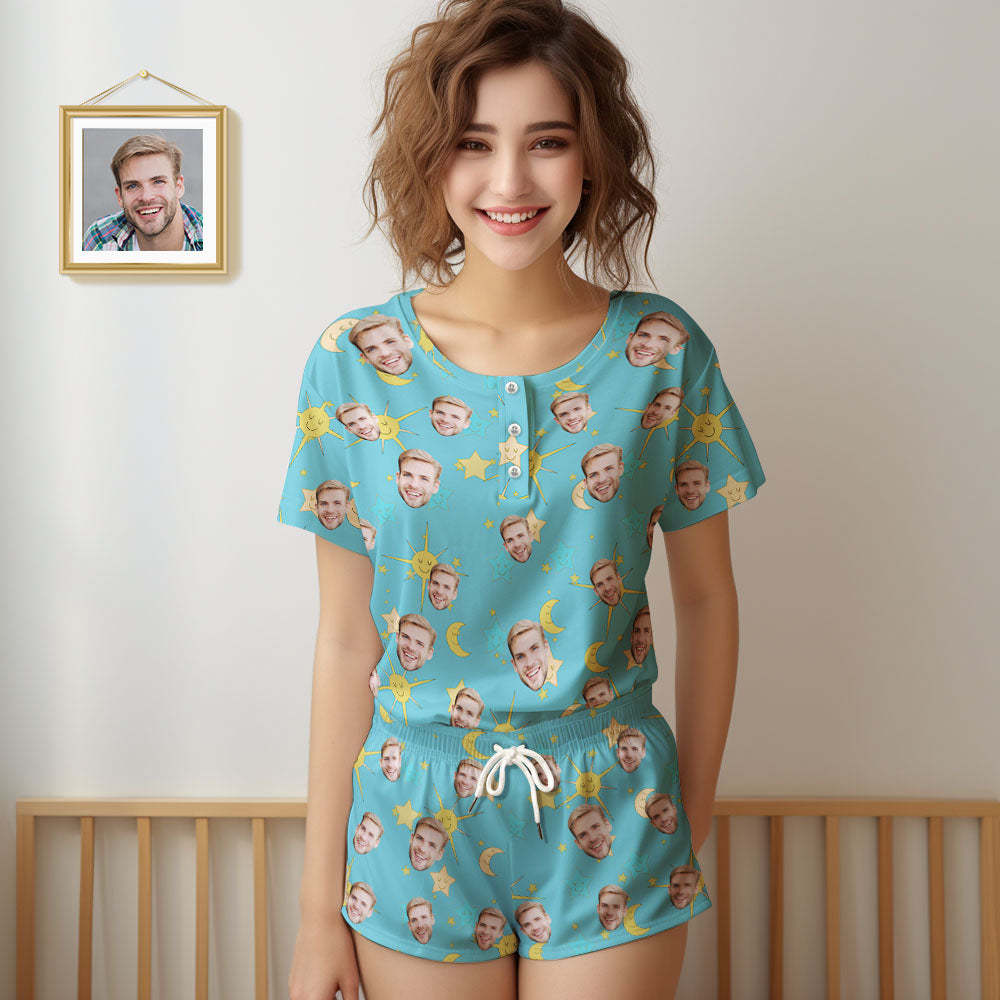 Pyjama Visage Personnalisé Pour Femme, Ensemble Pyjama Court Bleu, Cadeau - VisageChaussettes