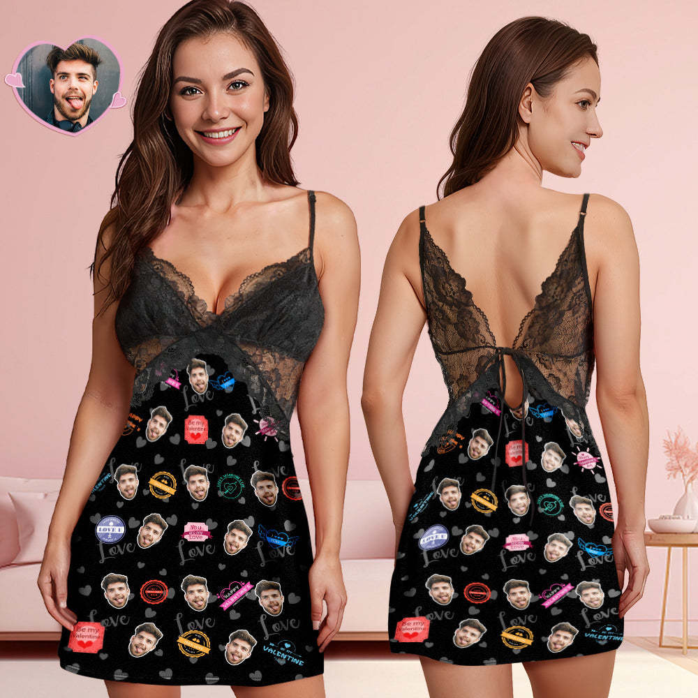 Visage Personnalisé Femmes Déshabillé En Dentelle Tampons D'amour Photo Personnalisée Vêtements De Nuit Cadeau De Saint Valentin - VisageChaussettes