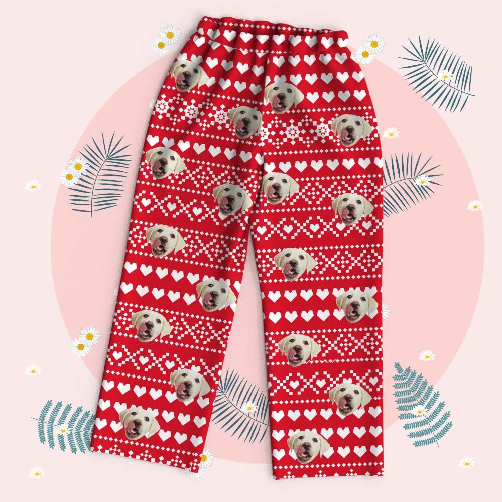 Pyjama Visage Personnalisé À Manches Longues, Vêtements De Nuit De Noël, Photo Personnalisée, Feuilles De Palmier Rouges, Cadeau - MyFaceSocksFR