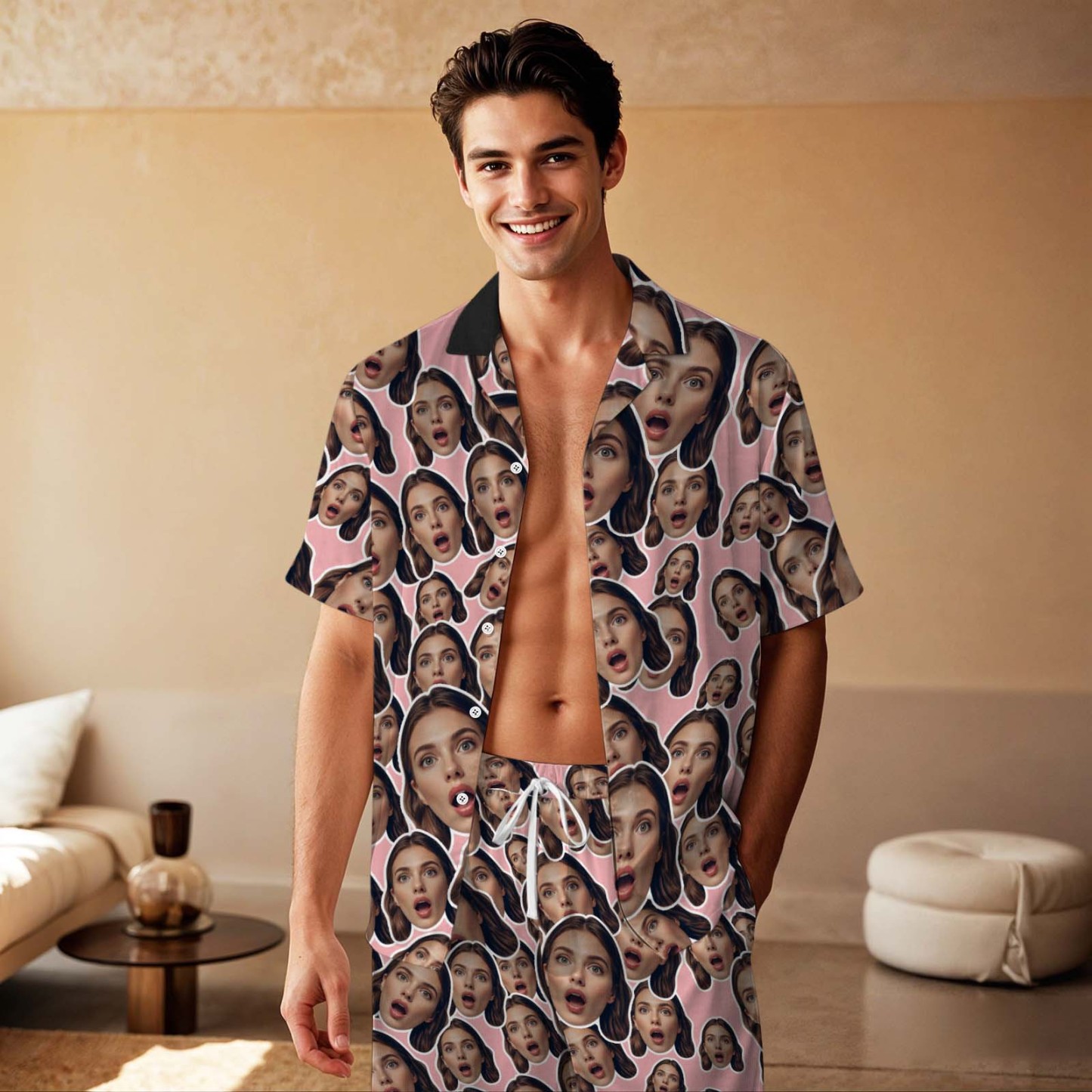 Pyjama À Manches Courtes Avec Visage Personnalisé, Vêtements De Nuit Bleus Personnalisés, Cadeaux D'amour - MyFaceSocksFR