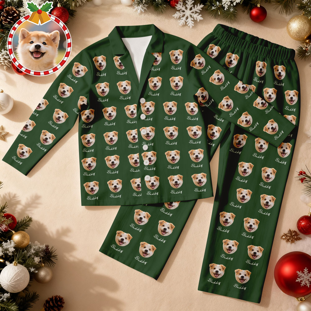 Pyjama De Noël Vert Personnalisé Avec Le Visage De Votre Animal De Compagnie, Pour Chien Ou Chat. Pyjama À Manches Longues Avec Nom Et Photo. Cadeau Idéal Pour Les Amoureux Des Animaux.