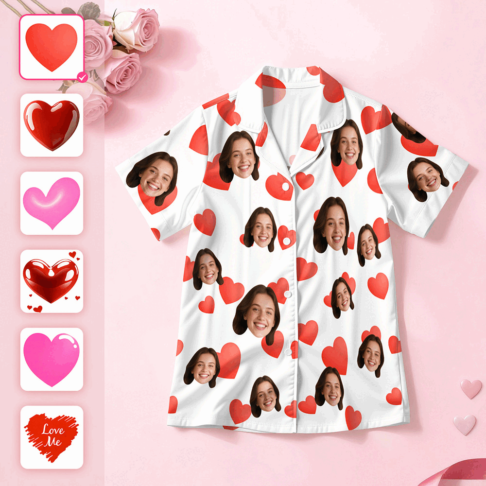 Pyjama Personnalisé À Manches Courtes Avec Visage En Forme De Cœur, Vêtements De Nuit Pour Couple, Cadeaux D'amour De Saint-valentin Pour Elle - MyFaceSocksFR