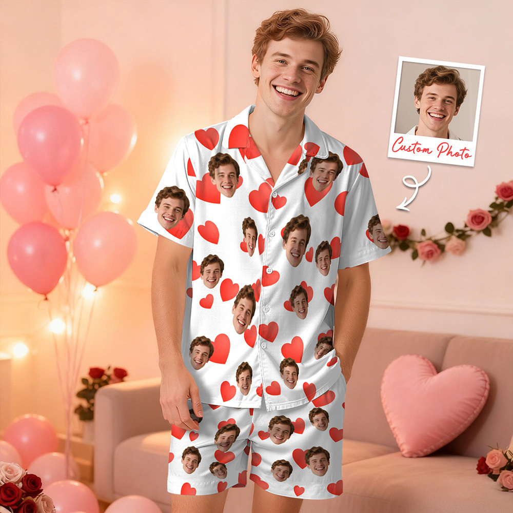 Pyjama Personnalisé À Manches Courtes Avec Visage En Forme De Cœur, Vêtements De Nuit Pour Couple, Cadeaux D'amour De Saint-valentin Pour Elle - MyFaceSocksFR