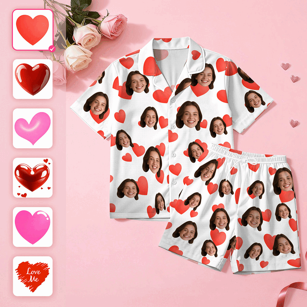 Pyjama Personnalisé À Manches Courtes Avec Visage En Forme De Cœur, Vêtements De Nuit Pour Couple, Cadeaux D'amour De Saint-valentin Pour Elle - MyFaceSocksFR