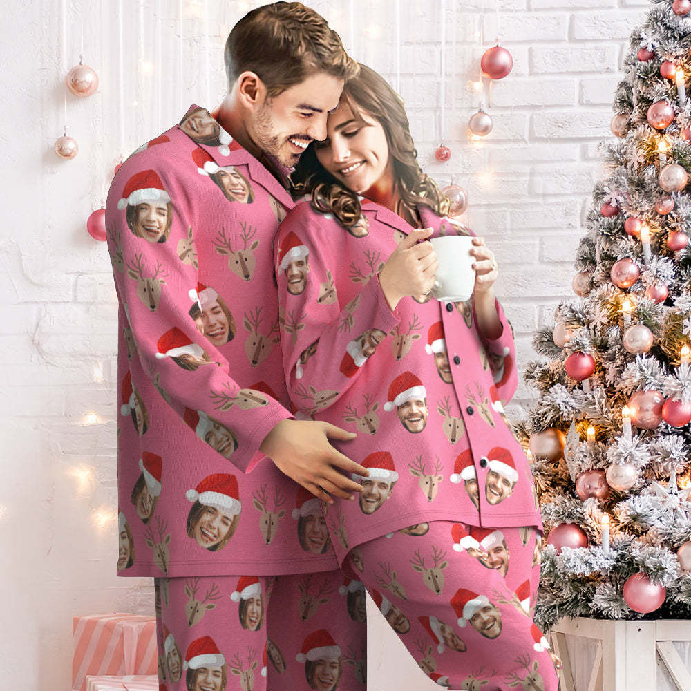 Pyjama De Cerf Visage Personnalisé Pyjama Rose Personnalisé Femmes Hommes Ensemble Cadeau De Noël - VisageChaussettes