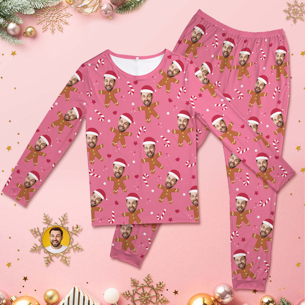 Pyjama Rose Visage Personnalisé Pyjama De Noël En Pain D'épice À Col Rond Personnalisé Pour Femmes Et Hommes - VisageChaussettes