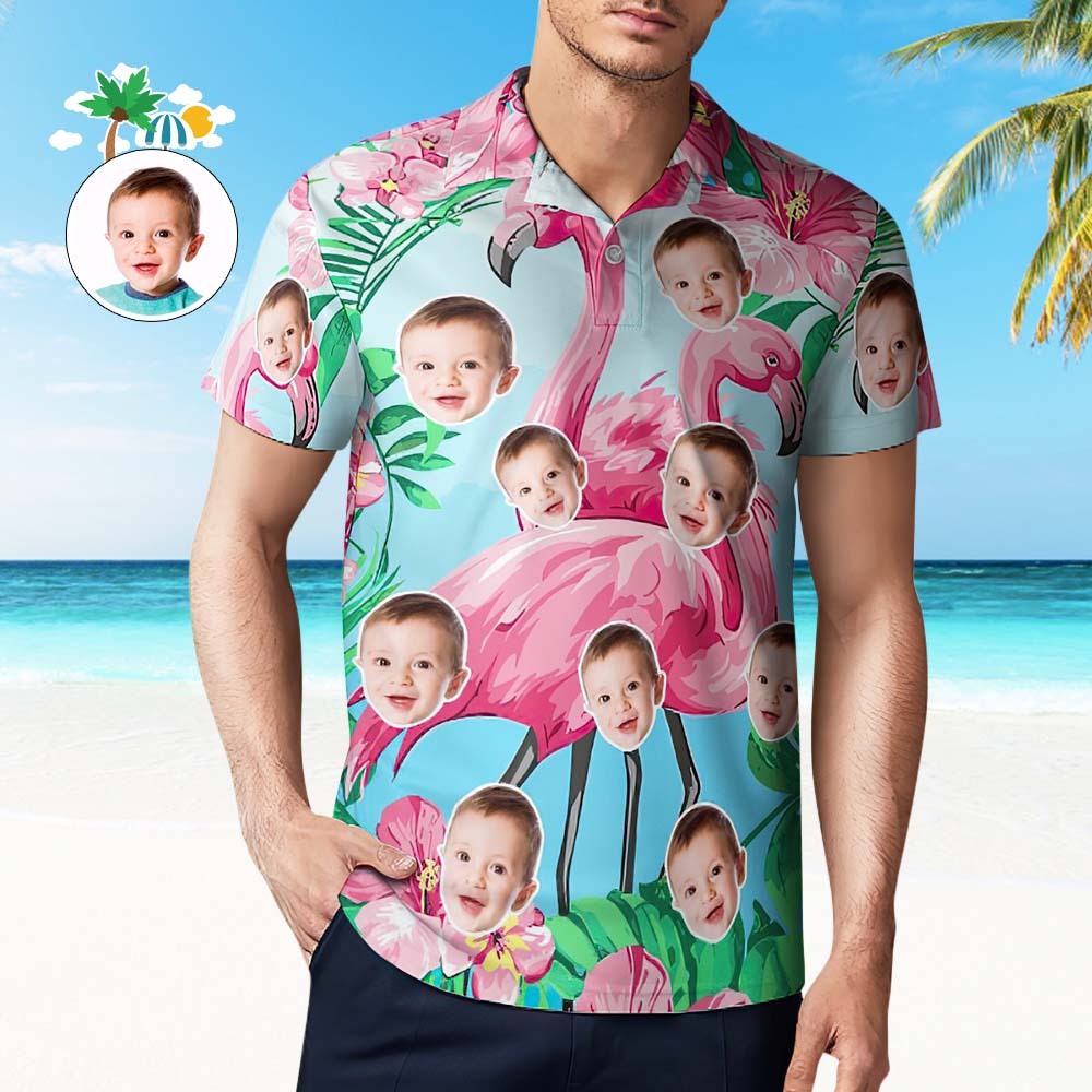 Polo Personnalisé Polo De Golf Hawaïen Cadeau De Vacances Flamant Rose - VisageChaussettes