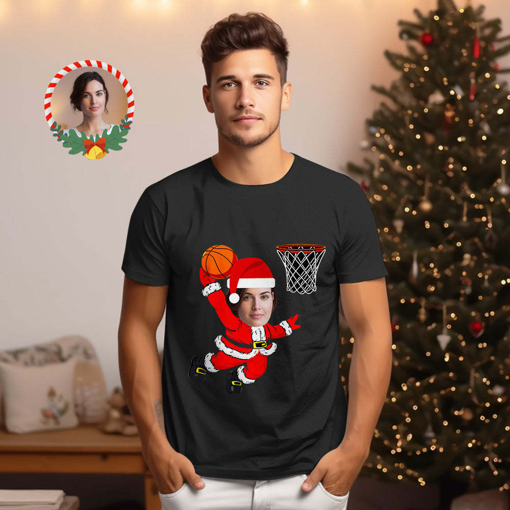 T-shirt Visage De Noël Personnalisé, Père Noël Dunking A, T-shirt Drôle De Basket-ball - VisageChaussettes