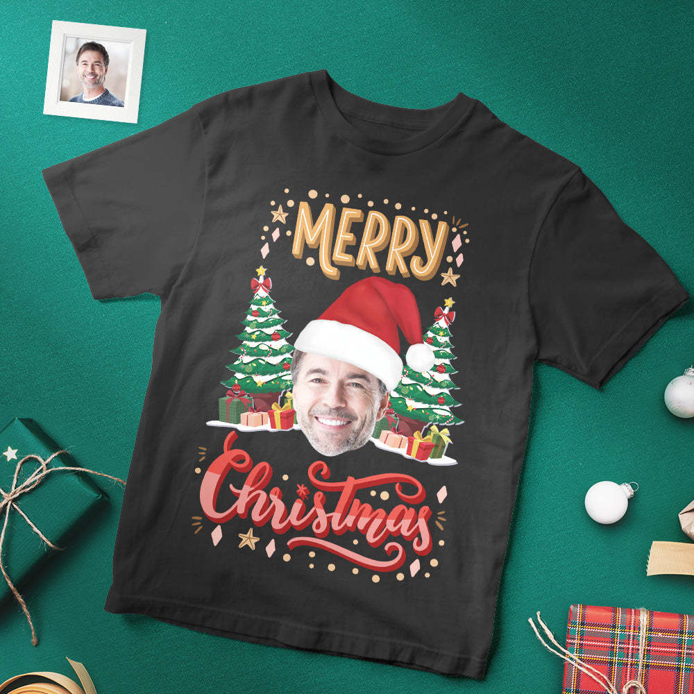 T-shirt Visage De Noël Personnalisé, Chemise Photo Drôle De Joyeux Noël - VisageChaussettes