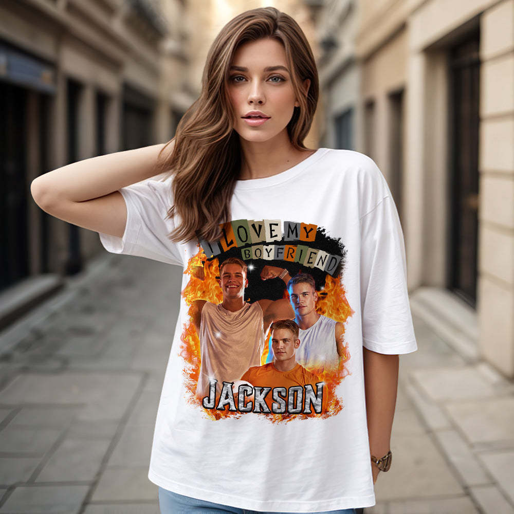 T-shirt Vintage Personnalisé J'aime Ma Chemise De Petite Amie Chemise De Nom Personnalisée Avec Photo - VisageChaussettes