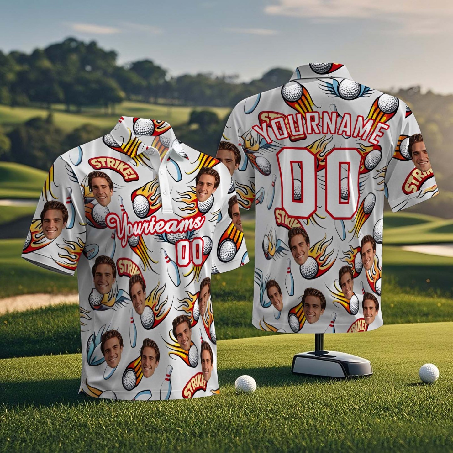 Polo Visage Personnalisé Coucher De Soleil Palmiers Bleus Polo De Golf Texte Ou Pas Polo D'équipe - MyFaceSocksFR