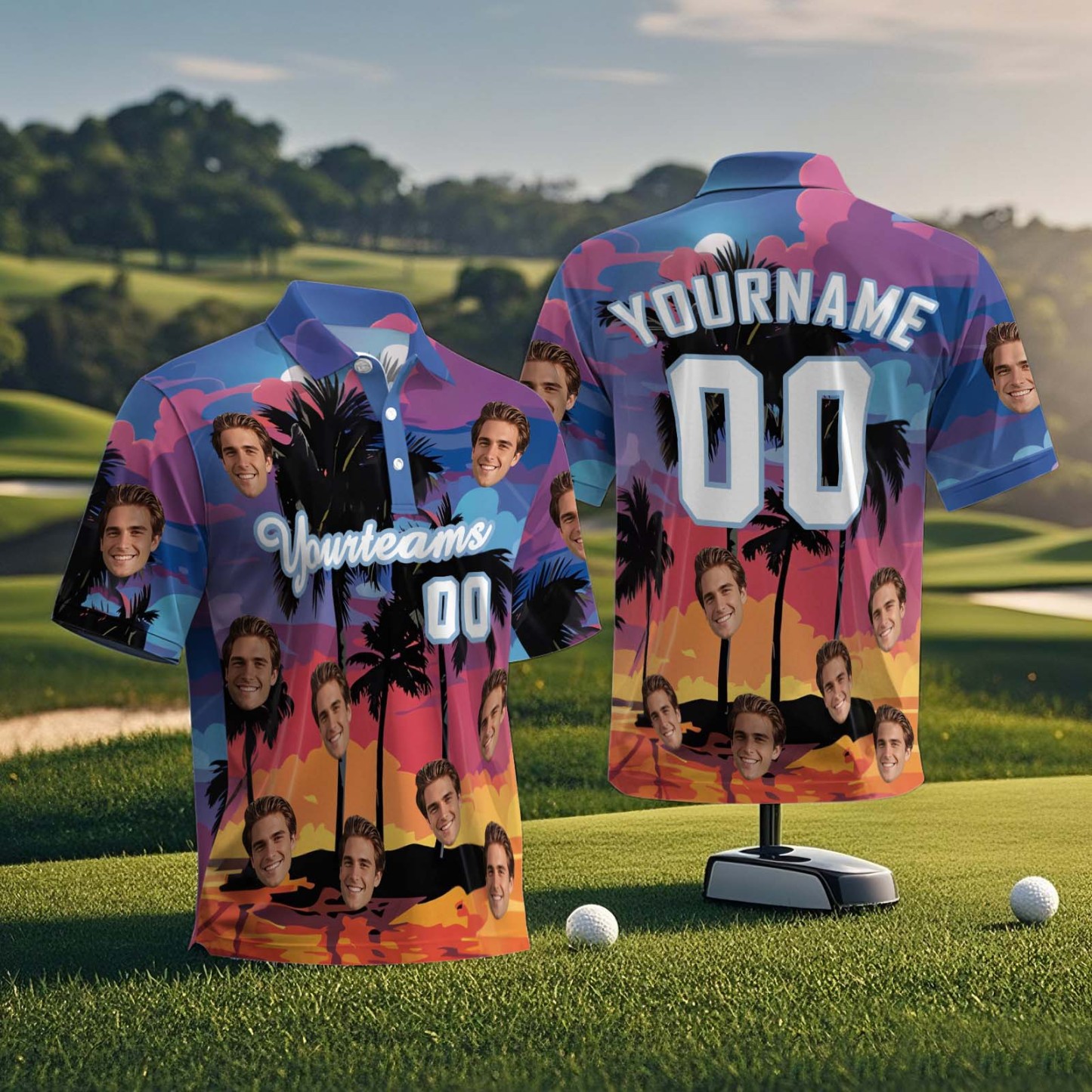 Polo Visage Personnalisé Coucher De Soleil Palmiers Bleus Polo De Golf Texte Ou Pas Polo D'équipe - MyFaceSocksFR