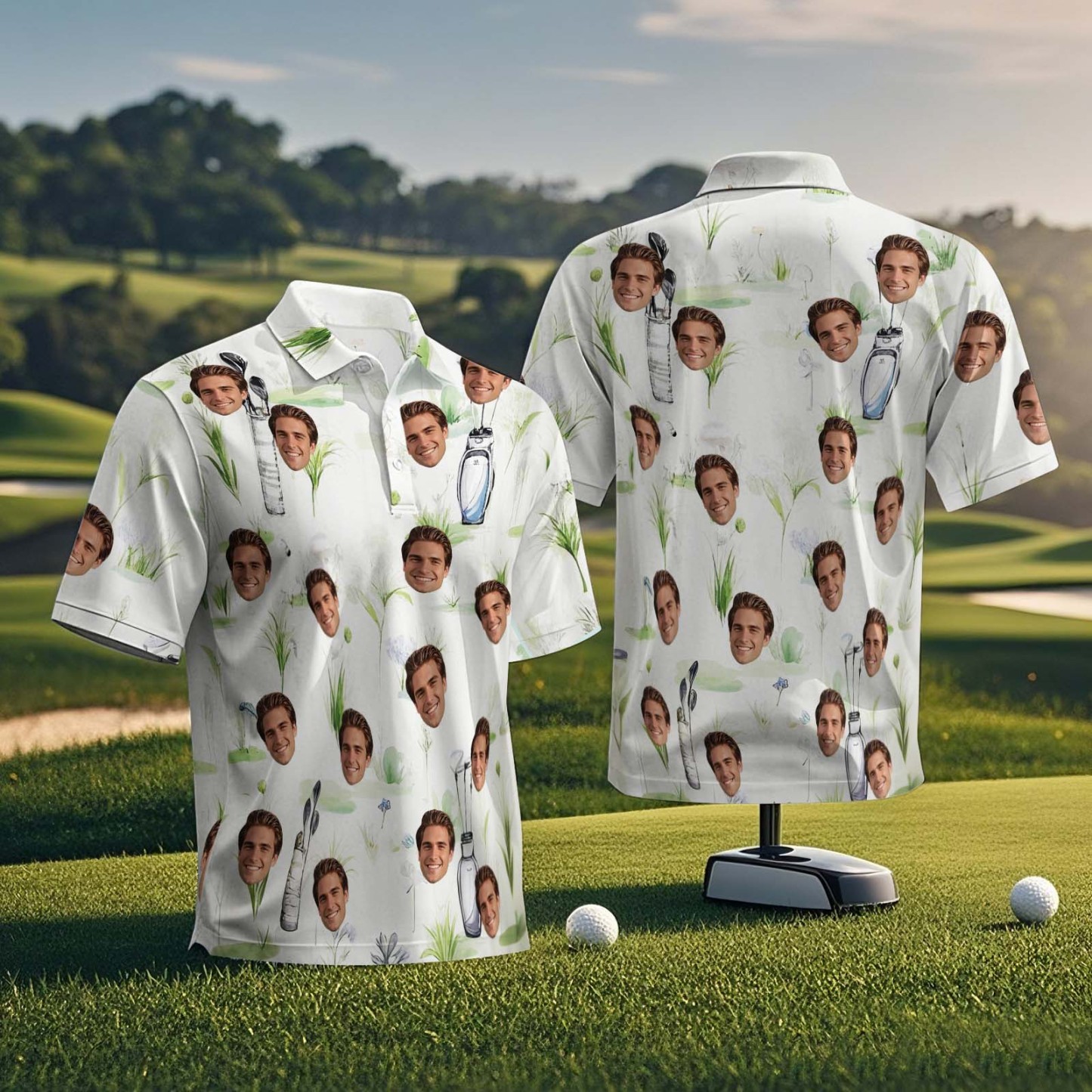 Polo Personnalisé Pour Golfeur Avec Visage Sur Chemise, Cadeaux Pour Mari, Chemise De Golf Bleue À Manches Courtes Personnalisée Pour Parcours De Golf - MyFaceSocksFR