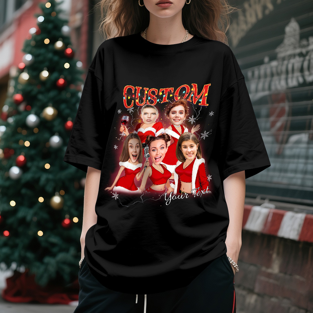T-shirt De Noël Vintage Personnalisé Avec Photo, Père Noël Lumineux, Cadeau Amusant Pour Les Fêtes, Pour La Famille Et Les Amis - MyFaceSocksFR