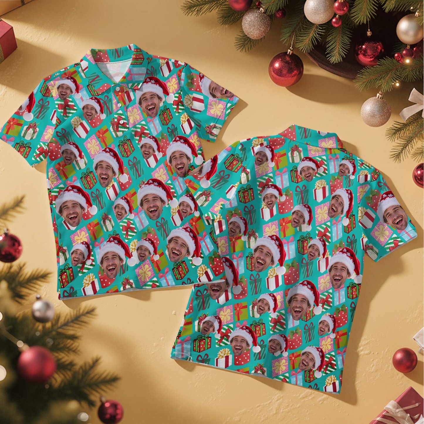 Polo Personnalisé Sapin De Noël Lumineux - Polo Festif Pour Homme - Polo Sapin De Noël Personnalisé Avec Visage - MyFaceSocksFR