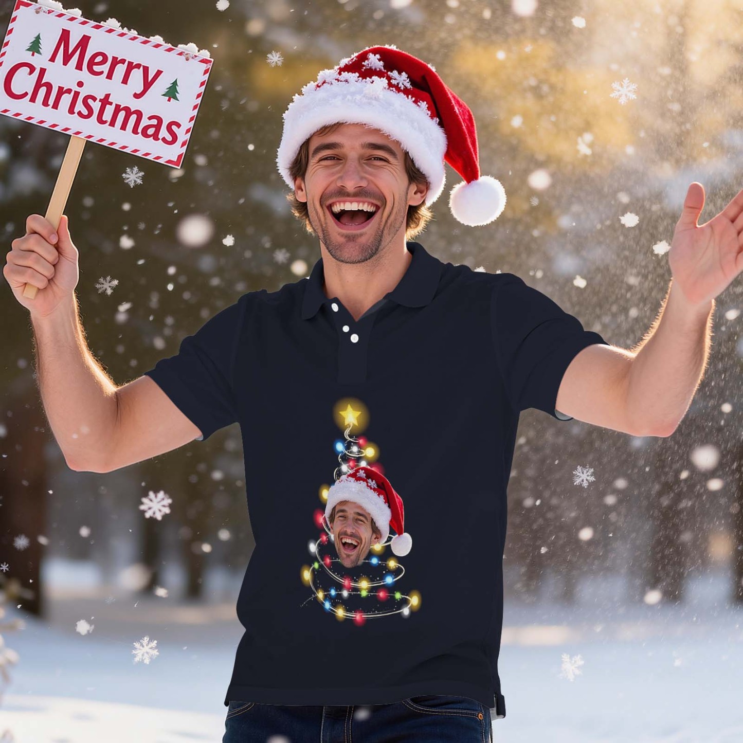 Polo Personnalisé Sapin De Noël Lumineux - Polo Festif Pour Homme - Polo Sapin De Noël Personnalisé Avec Visage - MyFaceSocksFR