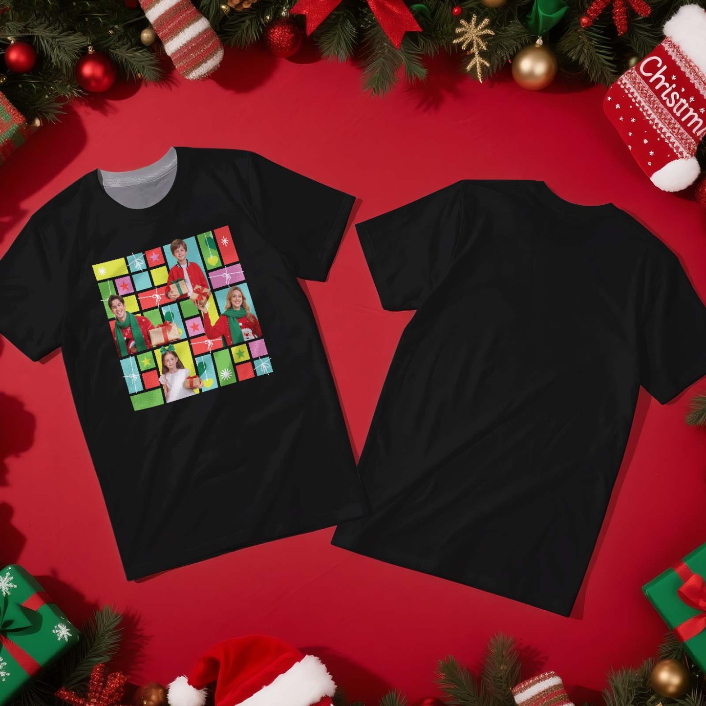 T-shirts Photo Personnalisés Multi-images - Cadeau De Noël Personnalisé Pour La Famille Et Les Amis - MyFaceSocksFR