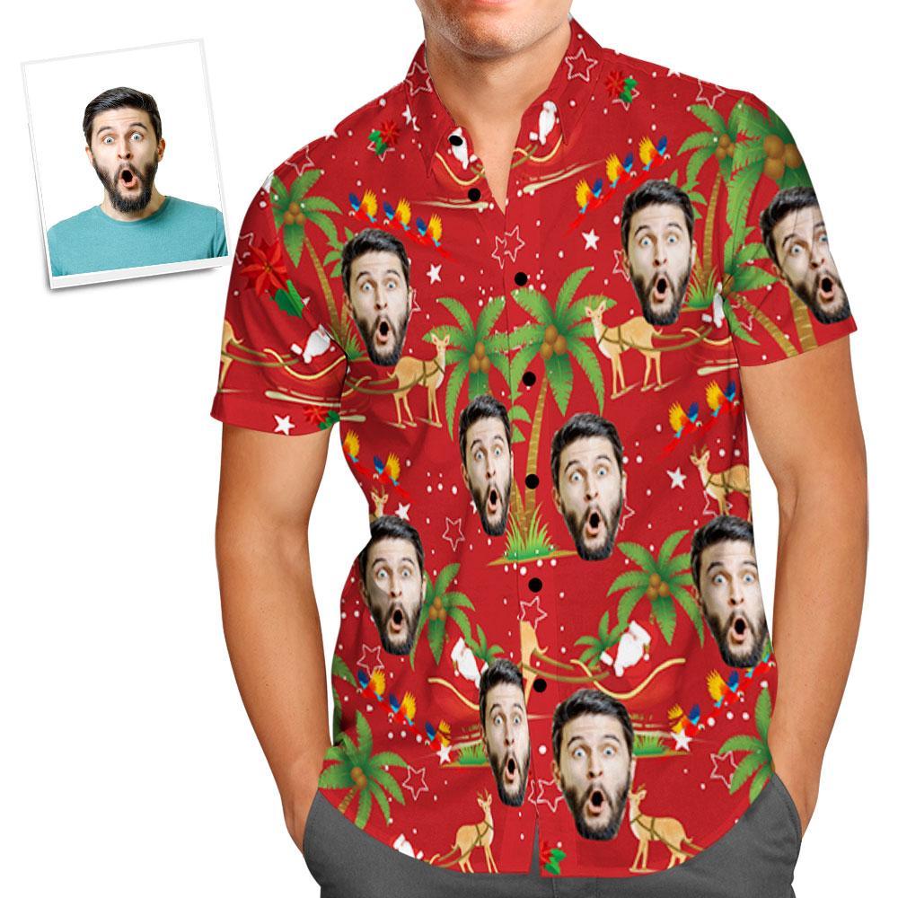 Chemise Hawaïenne Personnalisée Photo Personnalisée Pour Homme Cadeau De Noël - Père Noël Et Elk - VisageChaussettes