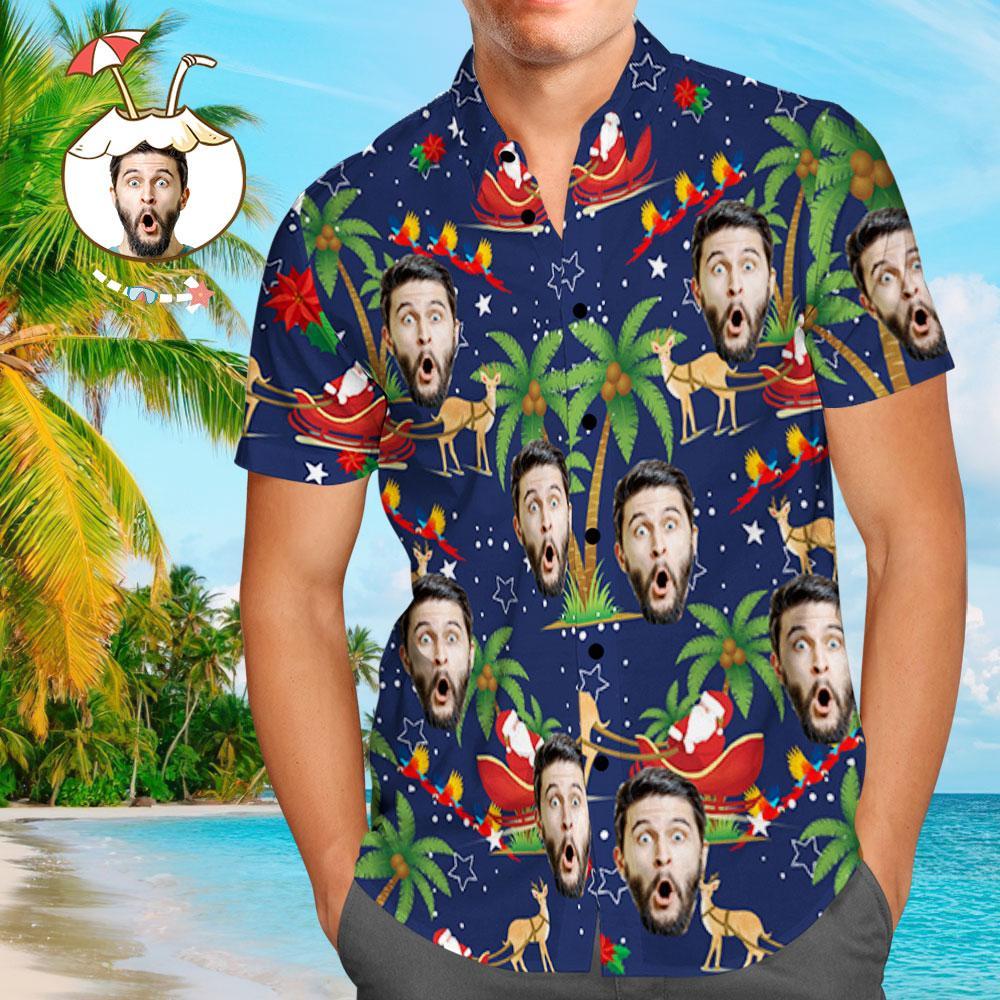 Chemise Hawaïenne Personnalisée Photo Personnalisée Pour Homme Cadeau De Noël - Père Noël Et Elk - VisageChaussettes