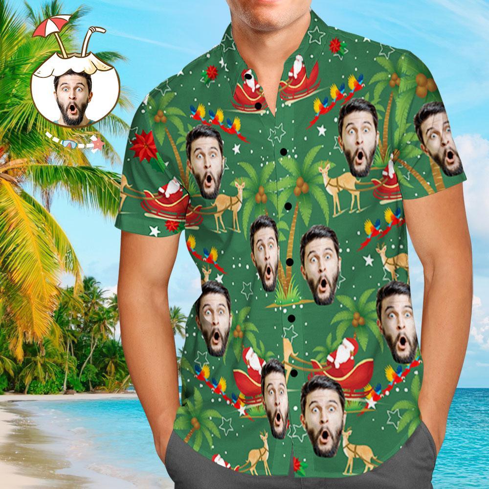 Chemise Hawaïenne Personnalisée Photo Personnalisée Pour Homme Cadeau De Noël - Père Noël Et Elk - VisageChaussettes