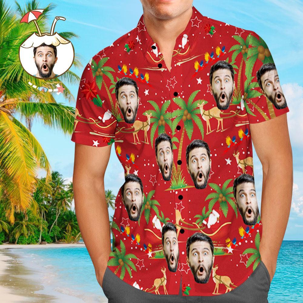Chemise Hawaïenne Personnalisée Photo Personnalisée Pour Homme Cadeau De Noël - Père Noël Et Elk - VisageChaussettes