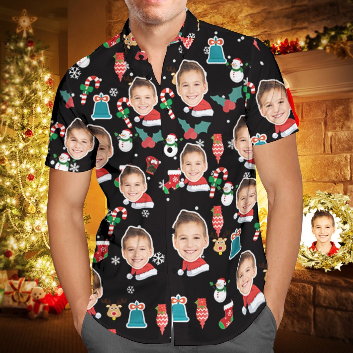 Visage Personnalisé Chemise Hawaïenne De Noël Personnalisée Candy Cane Cadeaux De Vacances De Noël - VisageChaussettes