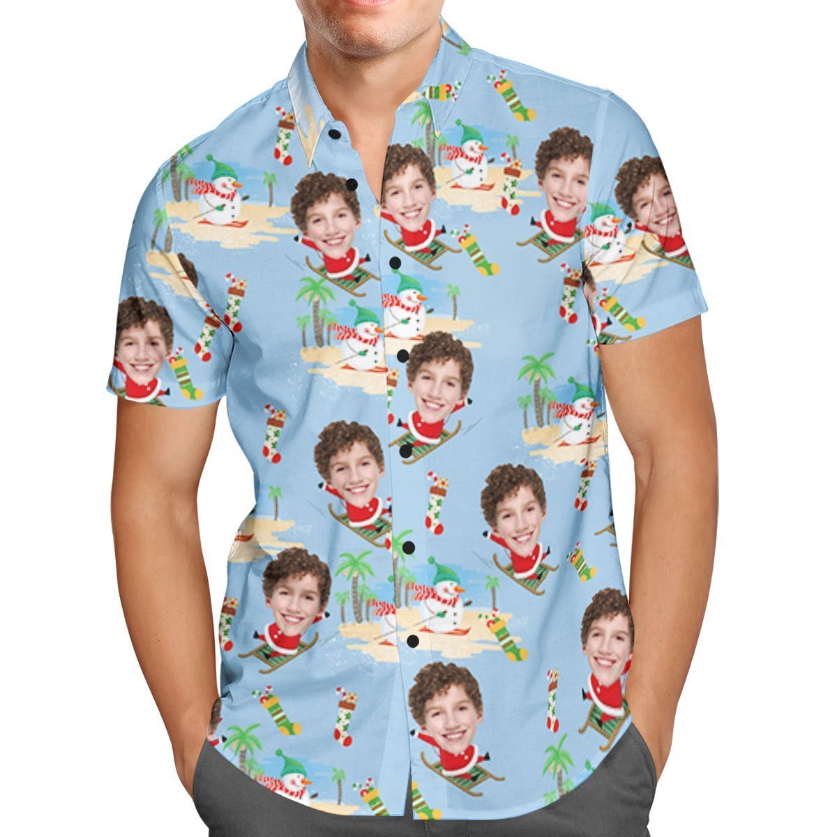 Visage Personnalisé Personnalisé Noël Chemise Hawaïenne Père Noël Skateboard Surf - VisageChaussettes
