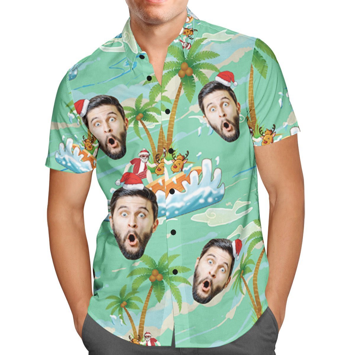 Visage Personnalisé Personnalisé Chemise Hawaïenne De Noël Père Noël Bord De Mer Surf Vacances Cadeau - VisageChaussettes