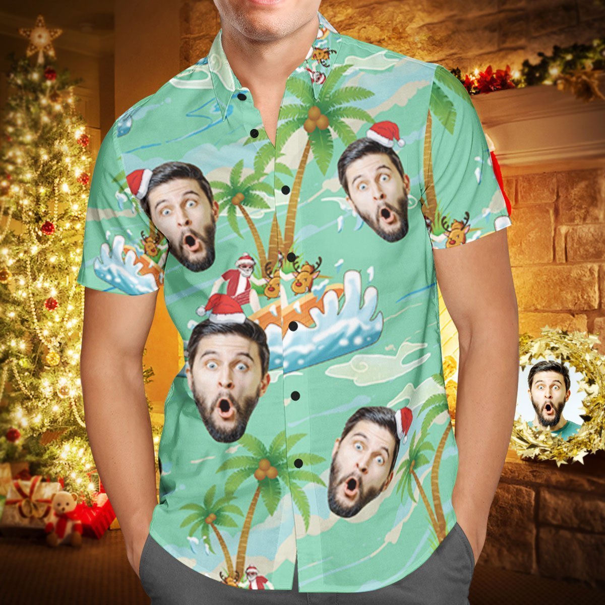 Visage Personnalisé Personnalisé Chemise Hawaïenne De Noël Père Noël Bord De Mer Surf Vacances Cadeau - VisageChaussettes