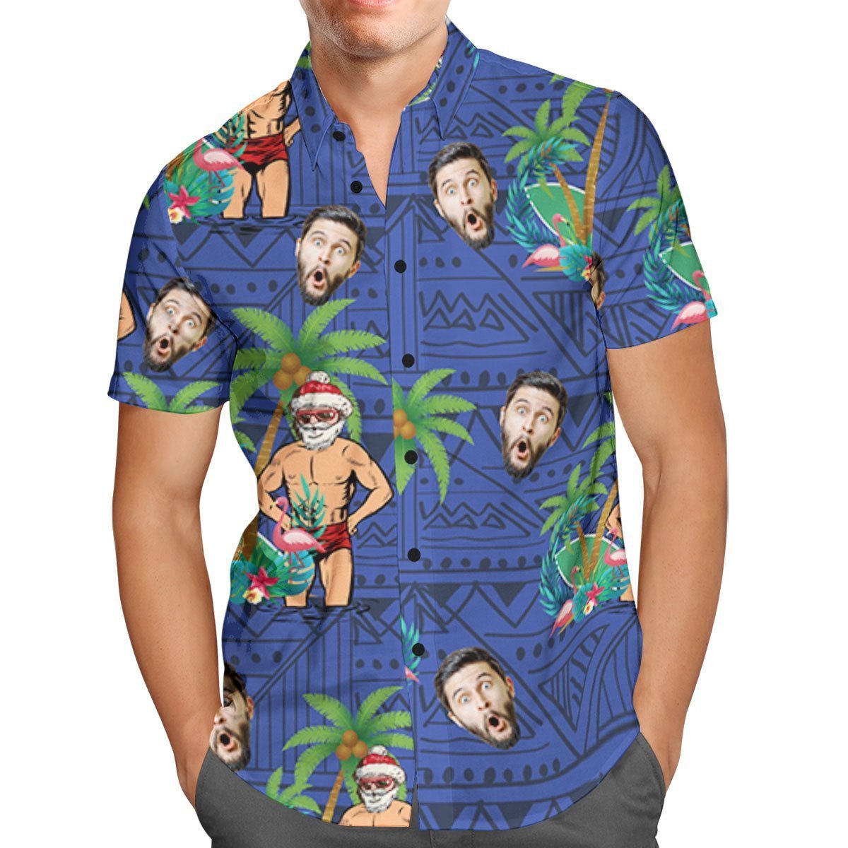 Visage Personnalisé Chemise Hawaïenne De Noël Personnalisée Père Noël En Vacances Cadeaux De Vacances - VisageChaussettes