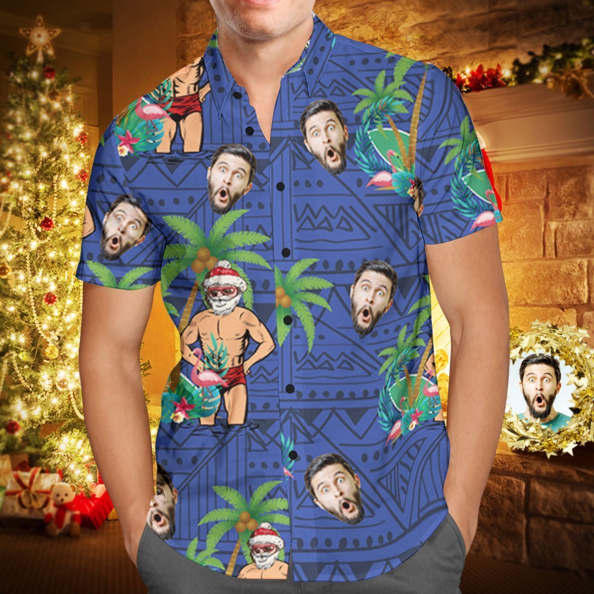 Visage Personnalisé Chemise Hawaïenne De Noël Personnalisée Père Noël En Vacances Cadeaux De Vacances - VisageChaussettes