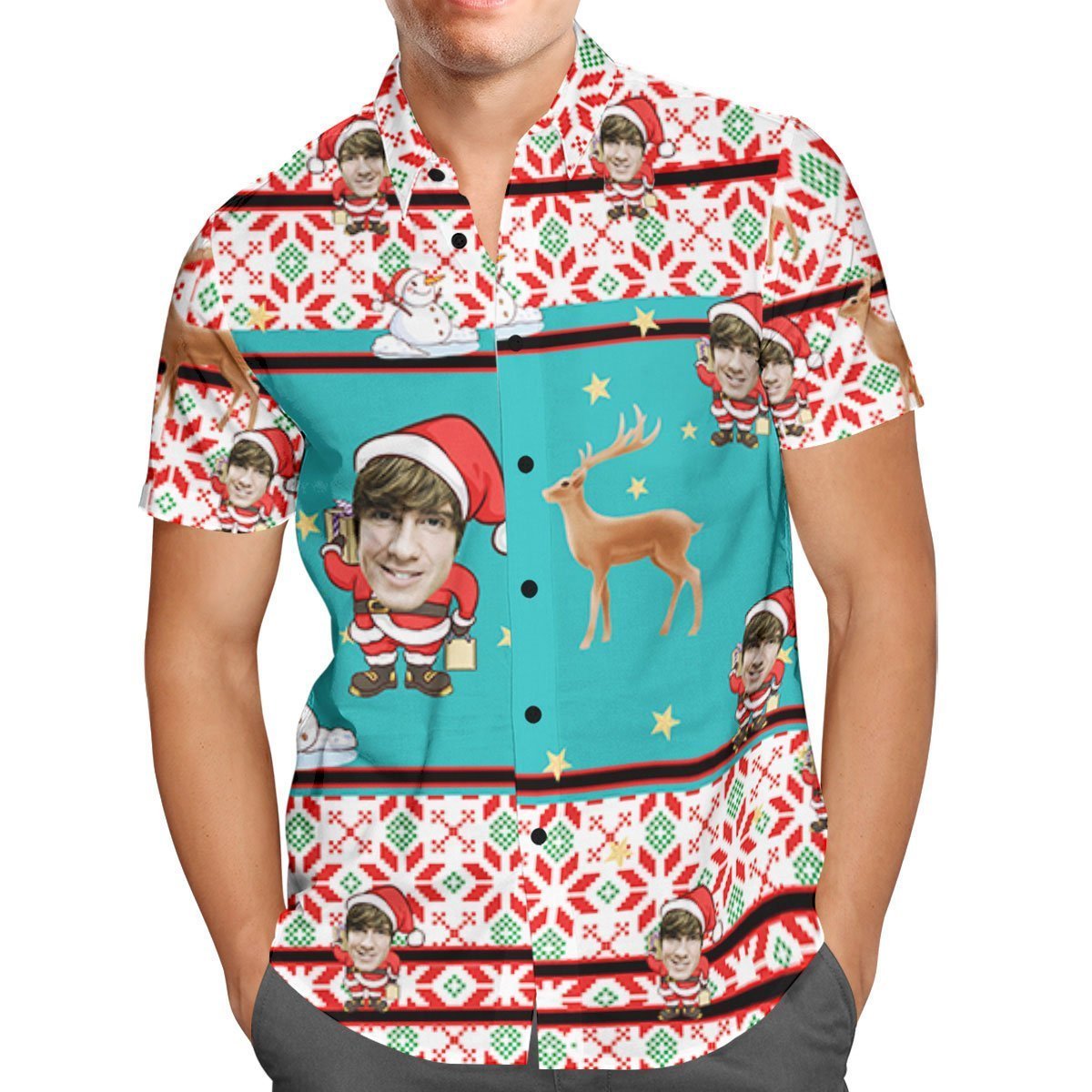 Visage Personnalisé Personnalisé Chemise Hawaïenne De Noël Père Noël Et Renne - VisageChaussettes
