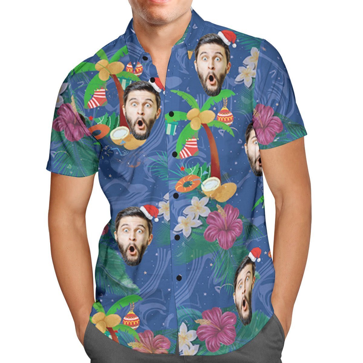 Visage Personnalisé Chemise Hawaïenne Noël Personnalisée Cocotier - VisageChaussettes