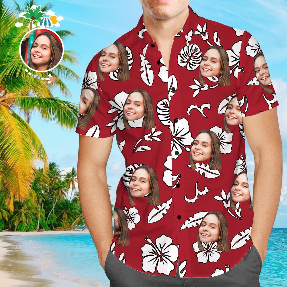 Chemise Hawaïenne Personnalisée Avec Visage D'animal De Compagnie Chemise Hawaïenne Tropicale Personnalisée Chemises Boutonnées Rouges - VisageChaussettes