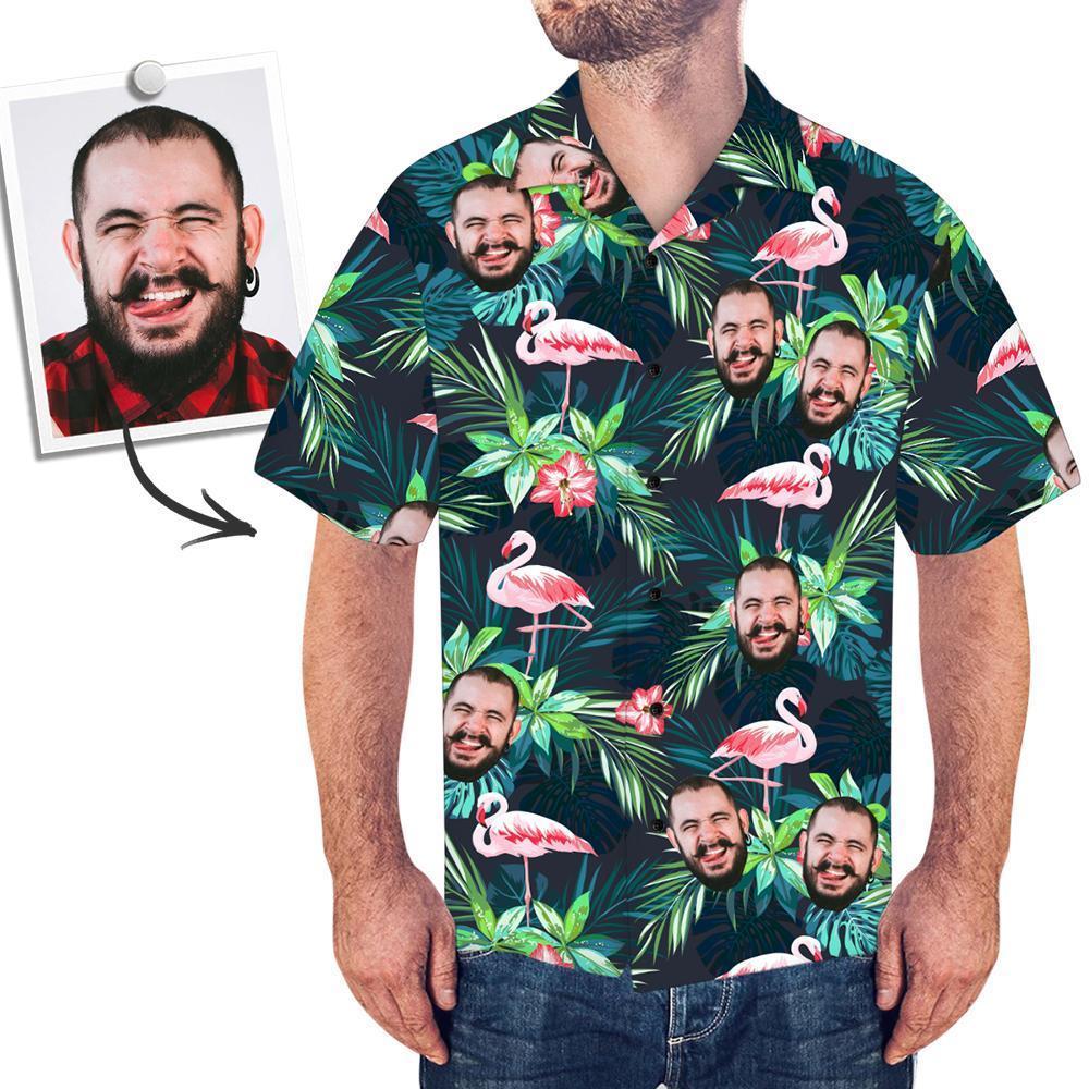 Visage Sur Les Chemises Chemise Hawaïenne Personnalisée Avec Des Feuilles De Visage Et Des Chemises Boutonnées Flamingo - VisageChaussettes