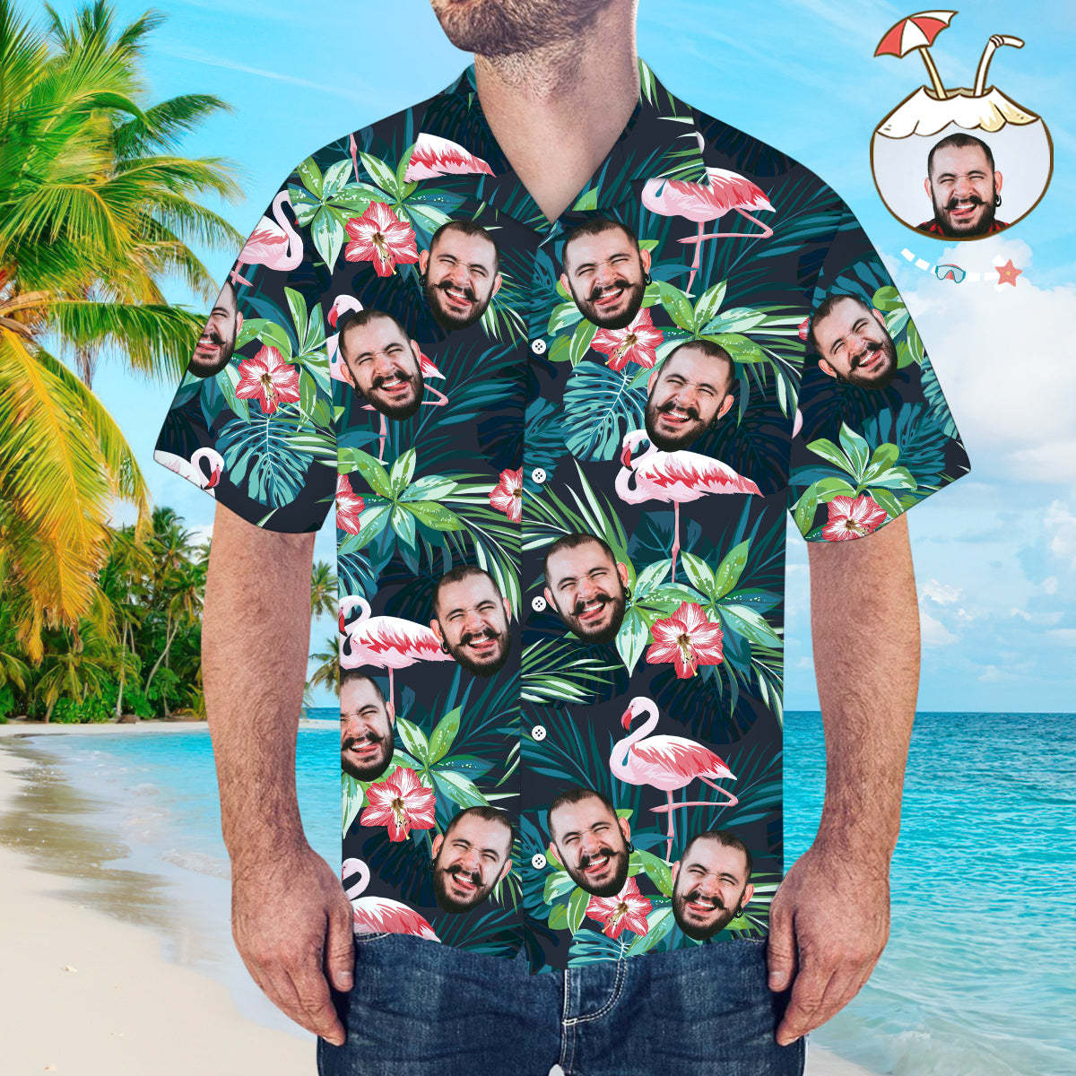 L'homme Chemise de Visage Personalisée Chemise Hawaïenne à Manches Courtes | Feuilles Tropicales Flamingo