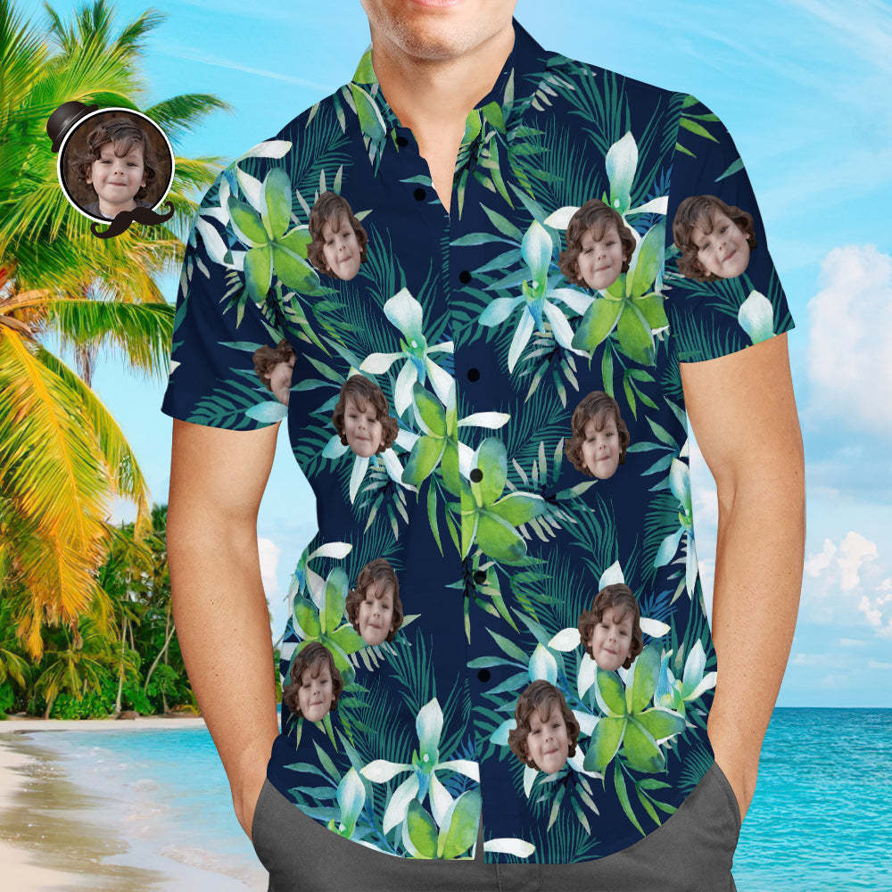 Chemise Hawaïenne Personnalisée Avec Visage Chemises Tropicales De Visage De Chien Personnalisé Feuilles Cadeau De Chemise De Fête Des Pères Pour Papa - VisageChaussettes