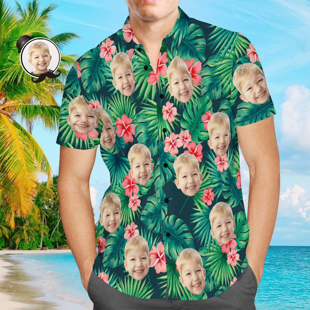 Chemises Tropicales Personnalisées Chemise Hawaïenne De Visage Personnalisé Feuilles - Fleurs Chemise Hawaïenne Imprimée Pour Homme Chemise De Fête Des Pères Cadeau Pour Papa - VisageChaussettes