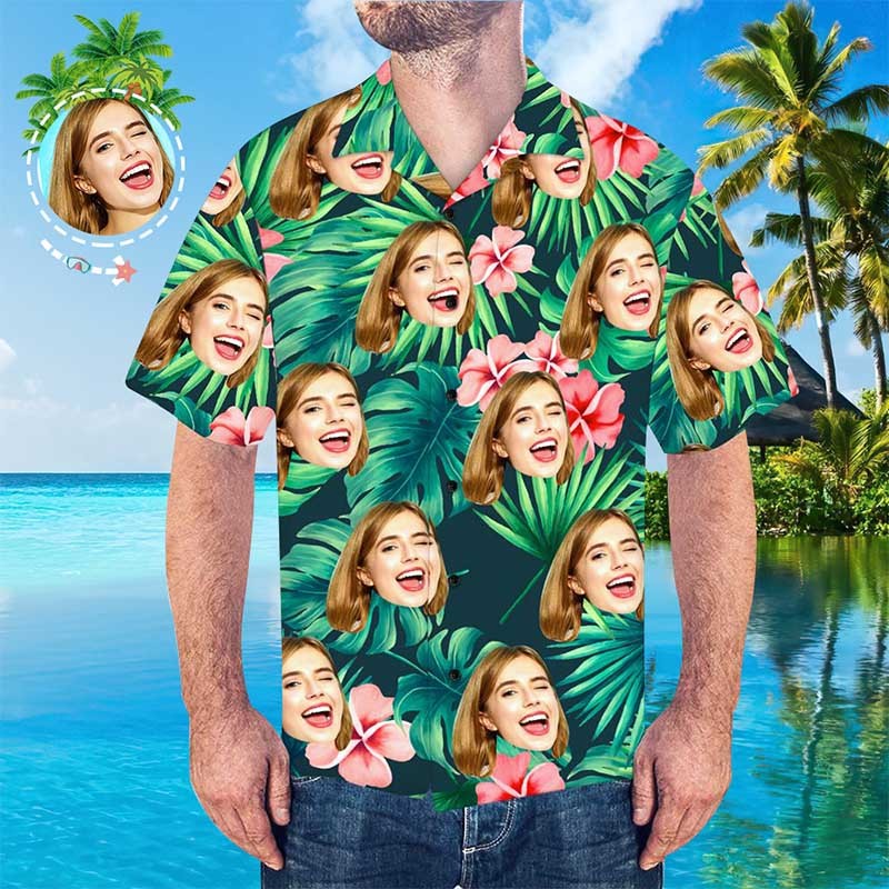 Chemises Tropicales Personnalisées Chemise Hawaïenne À Visage Personnalisé Feuilles Et Fleurs Chemise Hawaïenne Imprimée Pour Hommes - VisageChaussettes