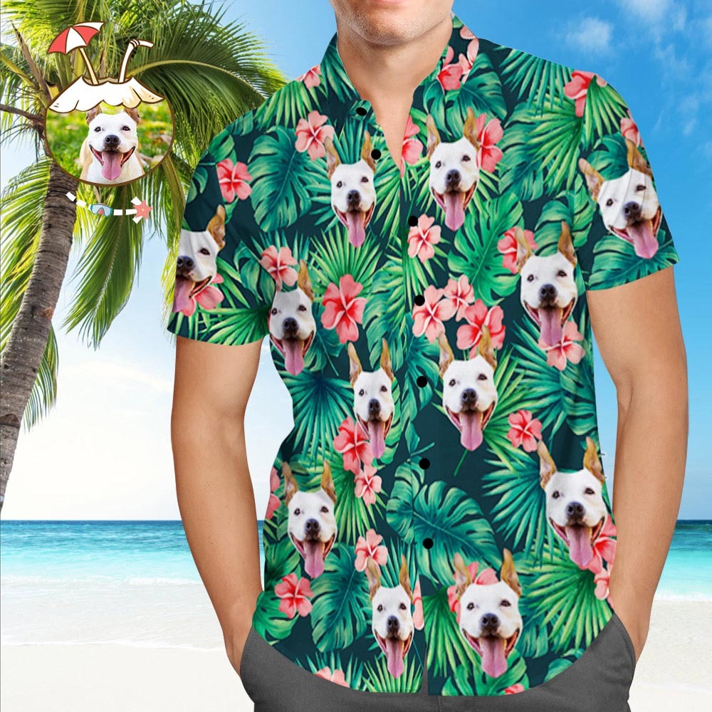 Chemises Tropicales Personnalisées Chemise Hawaïenne Personnalisée Avec Visage De Chien Chemise Feuilles Et Fleurs - VisageChaussettes