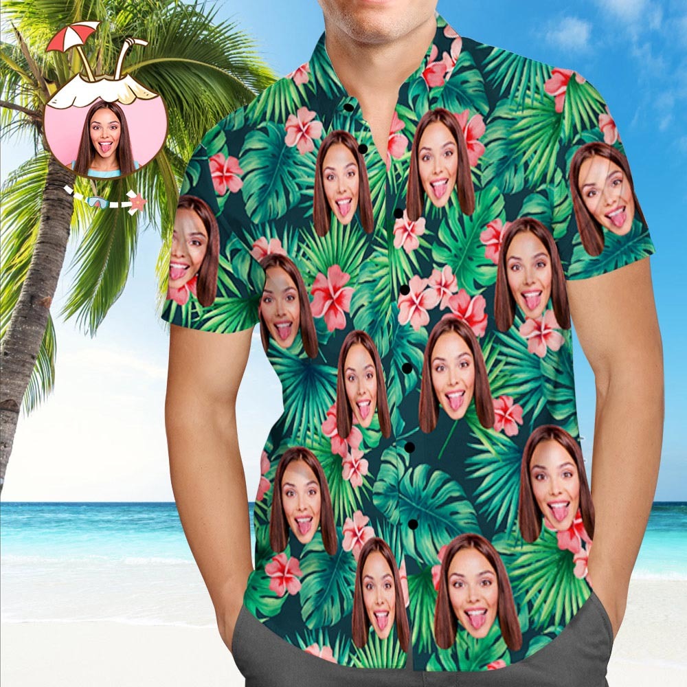 Chemises Tropicales Personnalisées Chemise Hawaïenne Personnalisée Avec Visage De Chien Chemise Feuilles Et Fleurs - VisageChaussettes