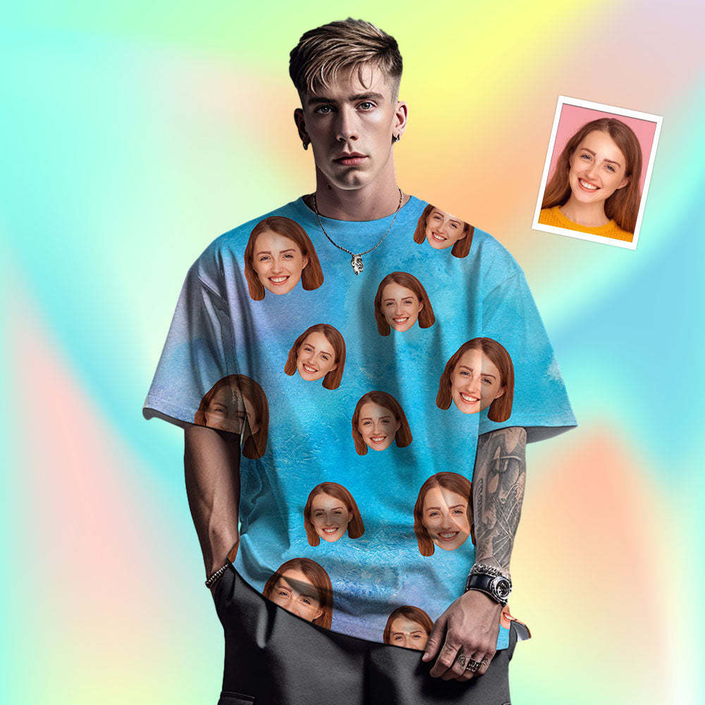 T-shirt Homme Visage Personnalisé Photo Personnalisée T-shirt Encre De Couleur Drôle Cadeau Couleur Bleue - VisageChaussettes