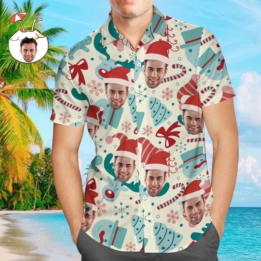Chemise Visage Personnalisée Photo Personnalisée Chemise Hawaïenne Pour Hommes Cadeau De Noël - Chapeau De Père Noël - MaPhotocaleconFr